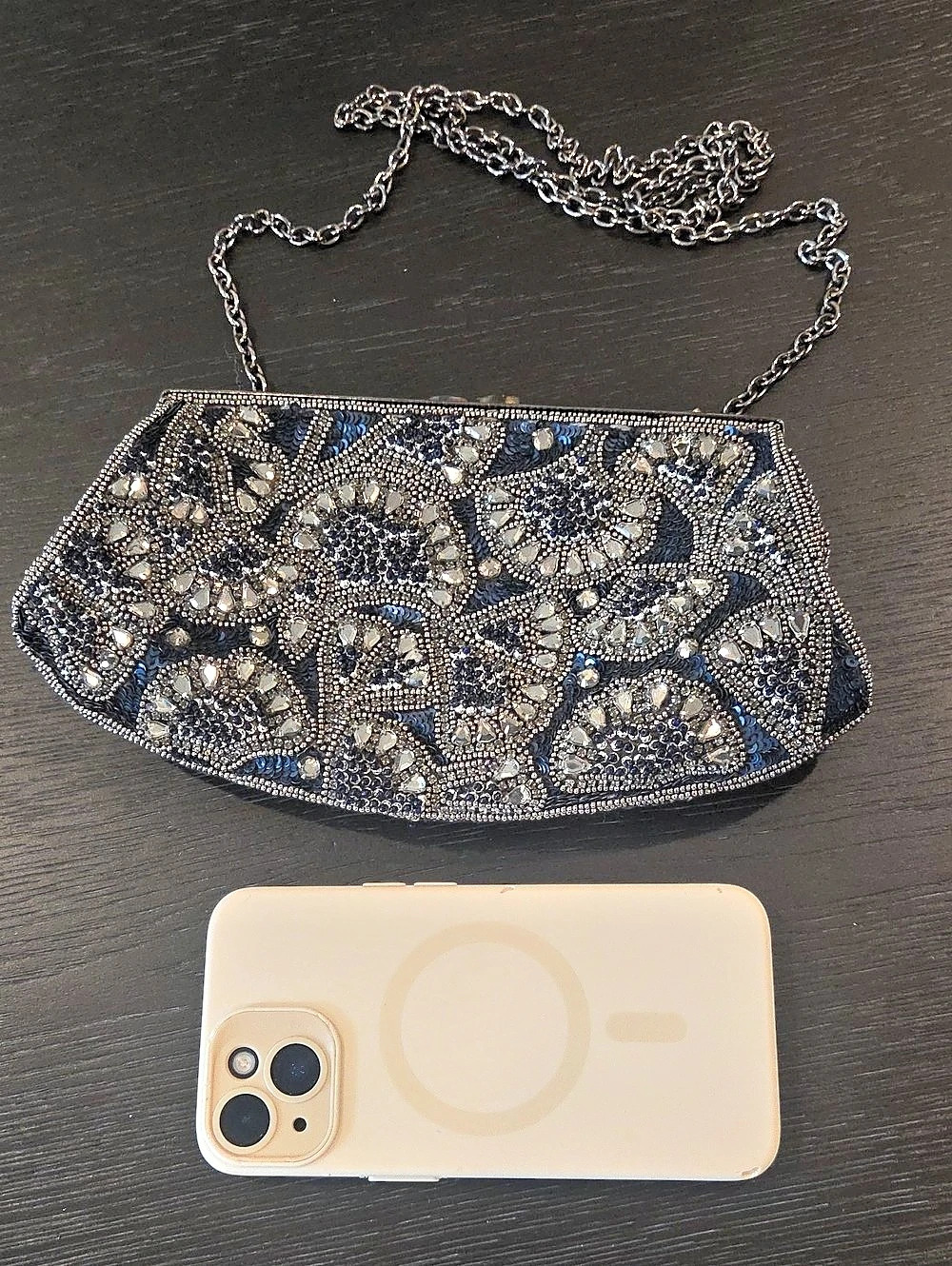 Nordstrom Beaded Floral Chain Clutch in Navy & Silver